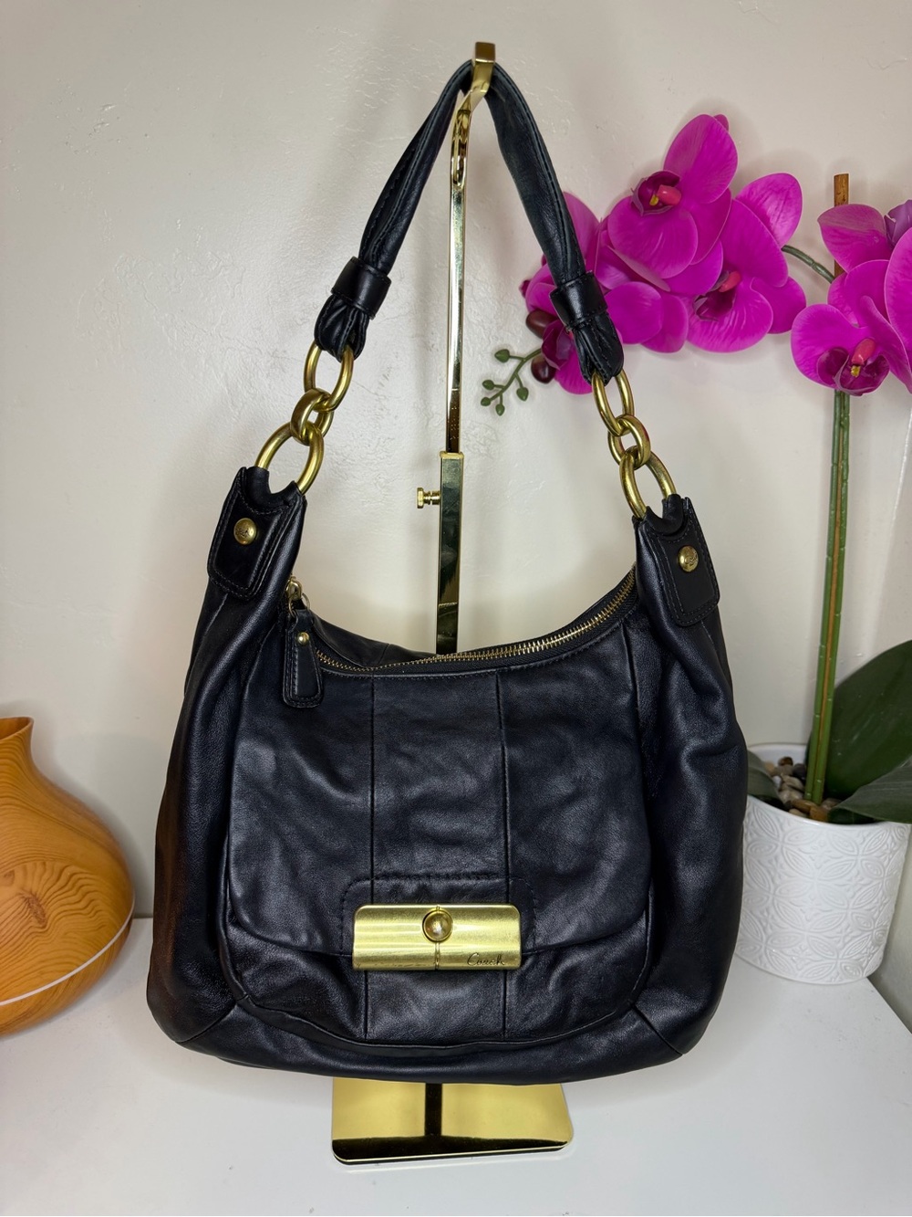 Black Leather Coach Kristin Hobo Bag with Gold Hardware